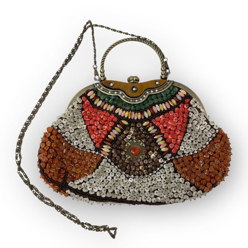 Beaded Multicolor Colorful Boho Art Deco Clutch Bag Purse Vintage Chain Strap